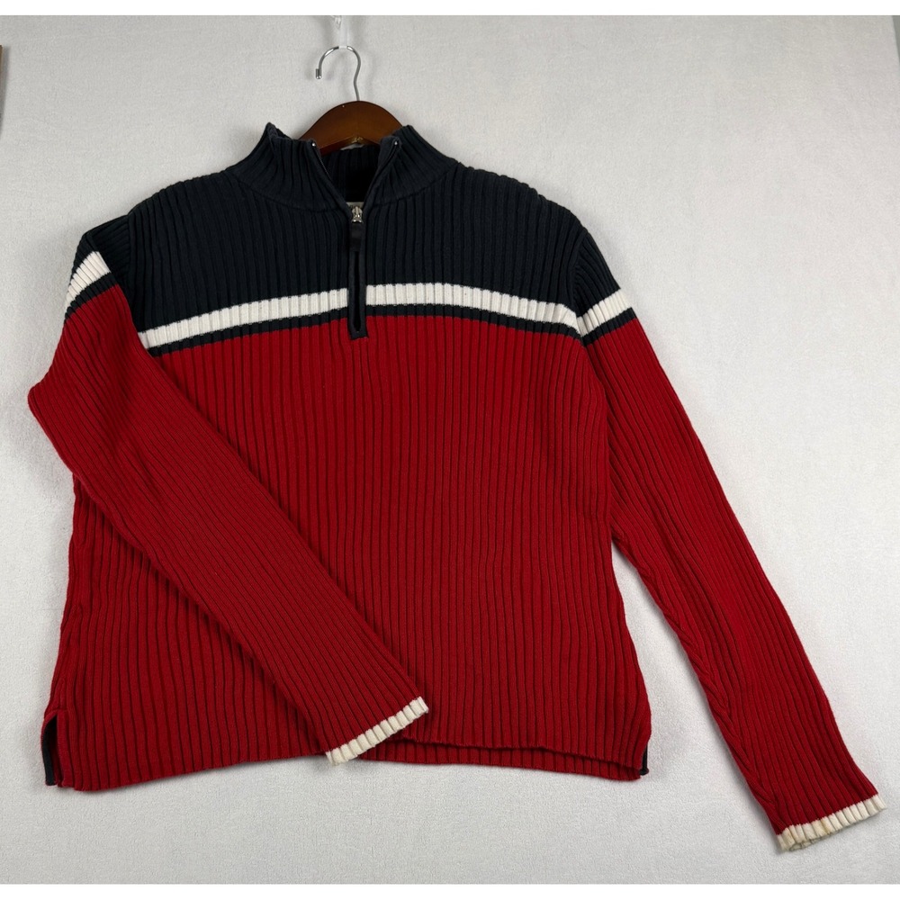 St Johns Bay Vintage Y2K Colorblock Quarter Zip Ribbed Cotton Sweater Mens Large